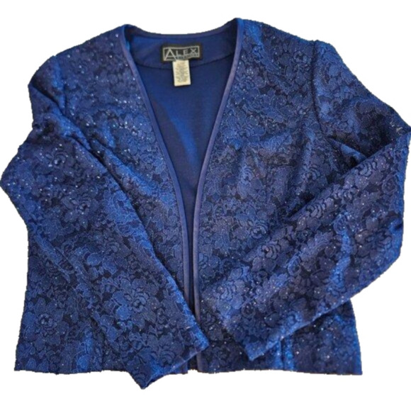 ALEX Evenings Size 12 Blazer Blue Metallic Sparkle Open Front Stretch - Picture 1 of 10